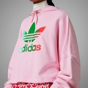 Adidas Women's Pink Oversized Cropped Hoodie Sweater - 70s Collection XL